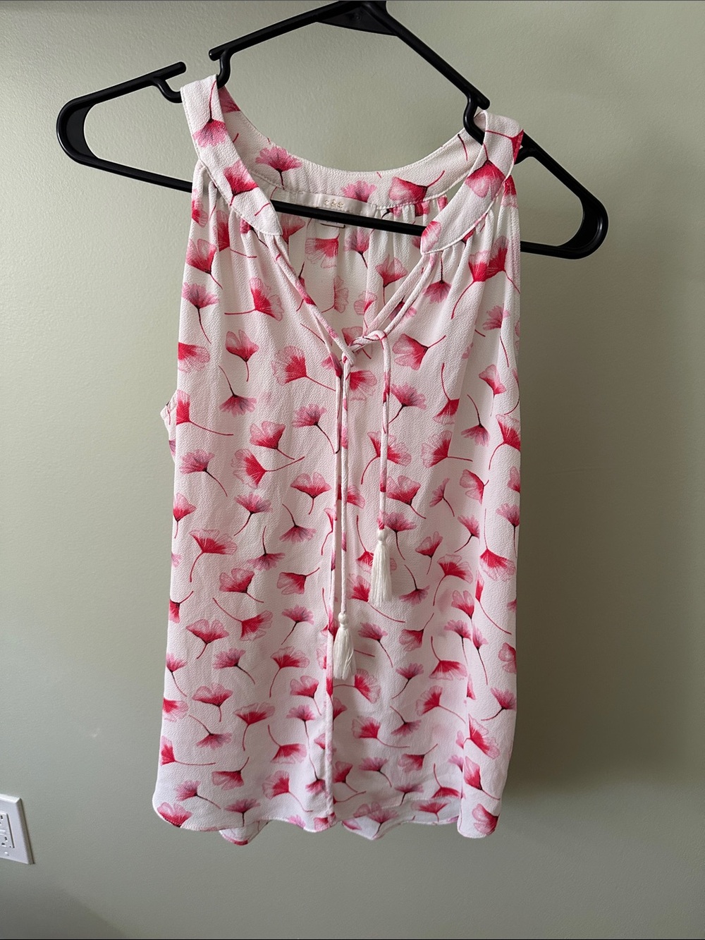 LOFT White Sleeveless Tie-Neck Floral Chemise with Pink Print